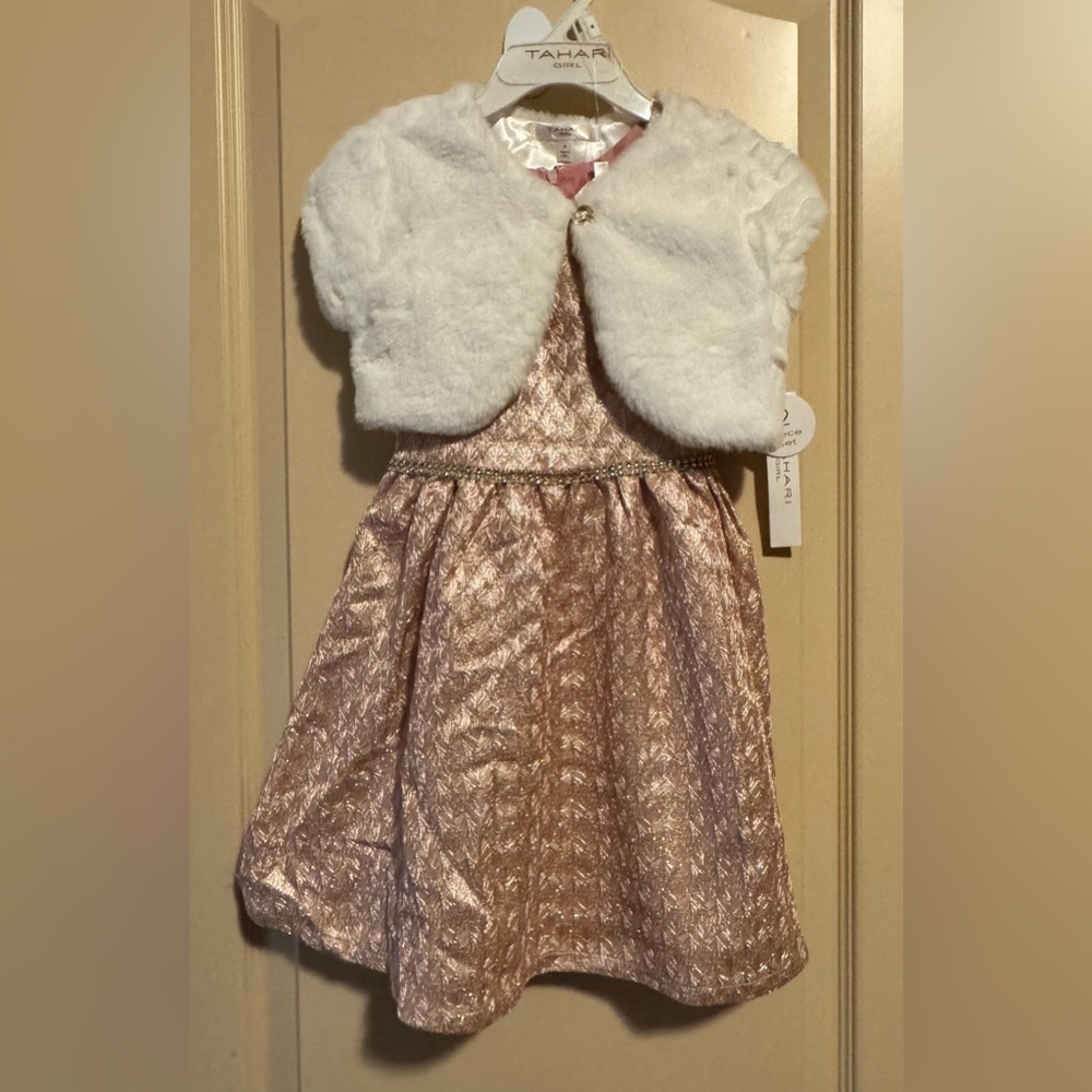 Tahari Pink rose gold Dress with White Fur Trim
